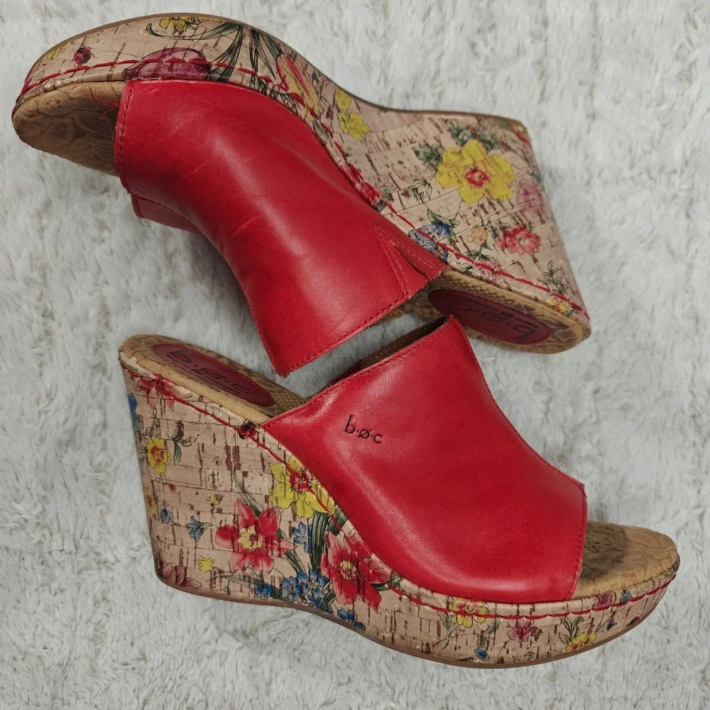 b.o.c Red Leather Wedge Sandals Floral Cork Heel Tropical Resort Vacation Cruise